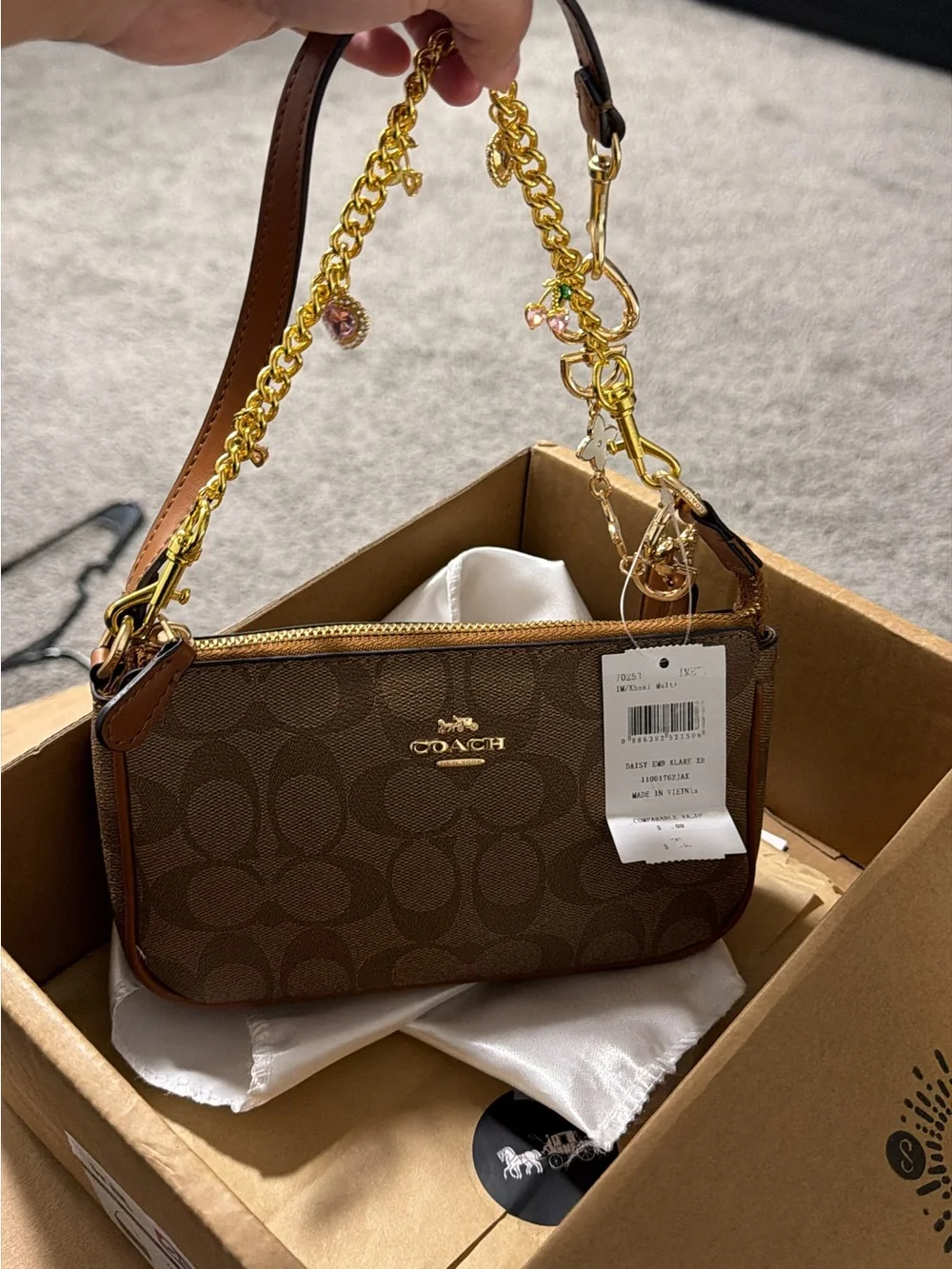 Coach Brown Signature Canvas Mini Shoulder Pouch with Gold Chain